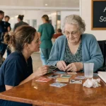 Animateur ehpad en atelier souvenirs : activité adaptée avec résidente en EHPAD