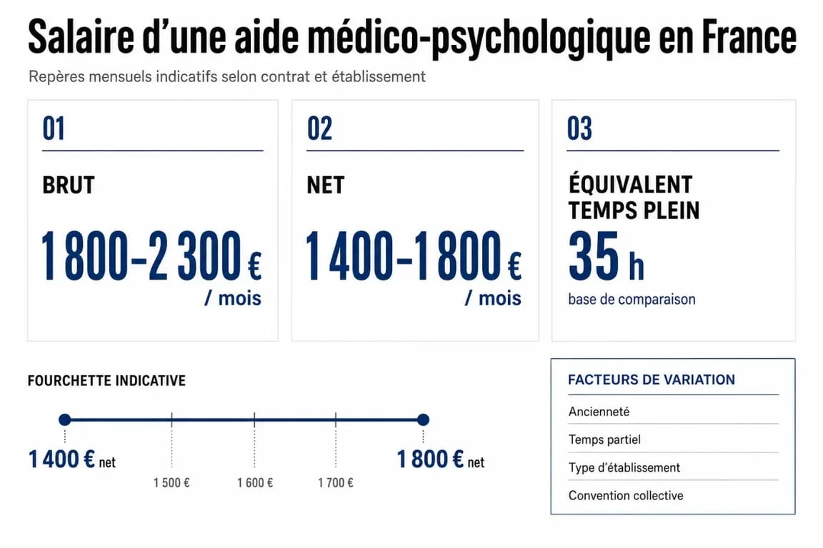 Infographie sur le salaire aide médico-psychologique avec repères brut, net et EQTP
