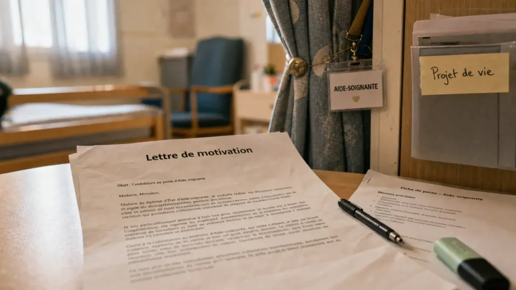Lettre de motivation maison de retraite EHPAD sur bureau, fiche de poste