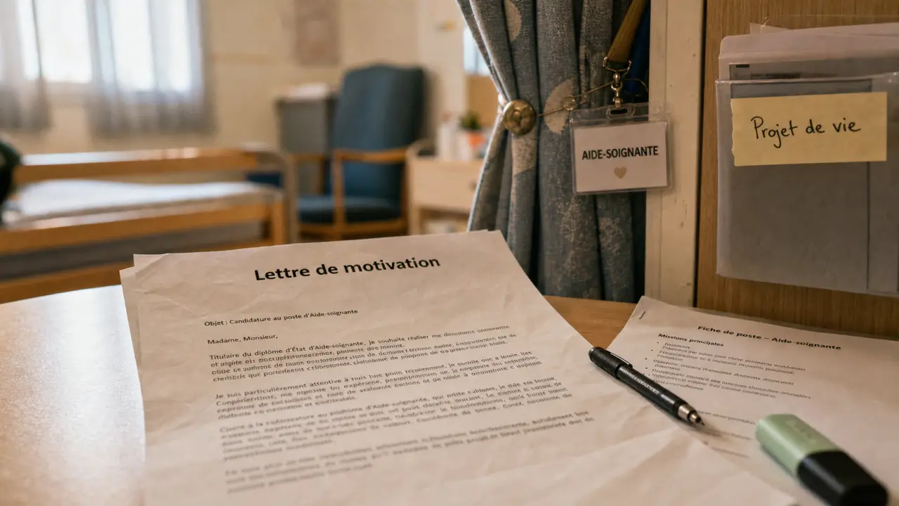 Lettre de motivation maison de retraite EHPAD sur bureau, fiche de poste
