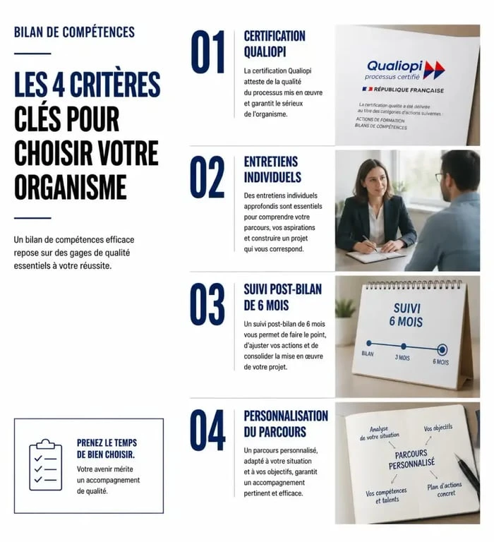 Infographie des critères de choix d'un organisme de bilan de compétences certifié Qualiopi