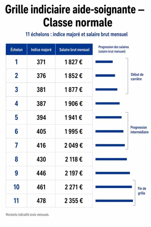 Grille indiciaire aide soignante classe normale avec échelons, indice majoré et salaire brut mensuel