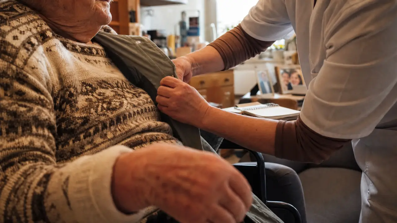 Fiche metier auxiliaire de vie : auxiliaire de vie aide à enfiler une veste au domicile
