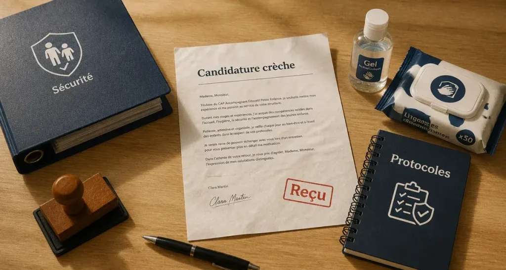 Lettre de motivation crèche sur table, avec documents sécurité et “reçu”