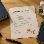 Lettre de motivation crèche sur table, avec documents sécurité et “reçu”
