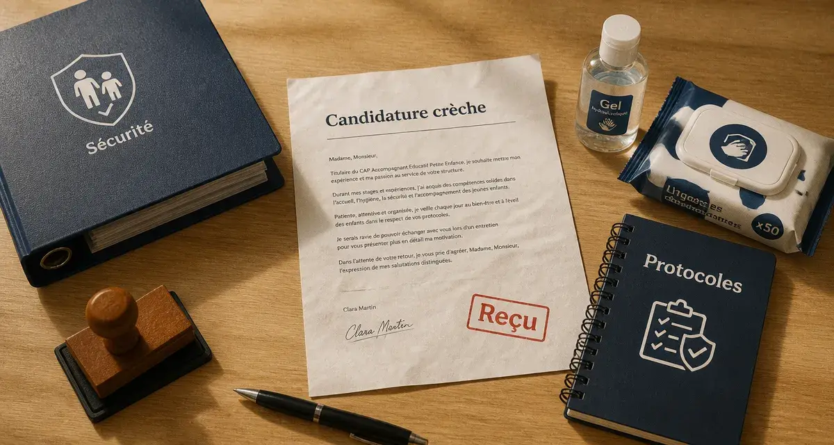 Lettre de motivation crèche sur table, avec documents sécurité et “reçu”