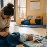 Métier avec enfance : auxiliaire de puériculture en crèche, bébé au tapis d’éveil