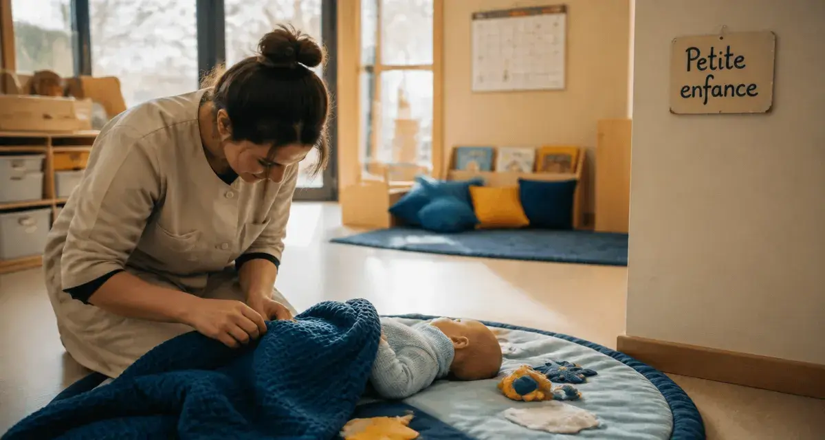 Métier avec enfance : auxiliaire de puériculture en crèche, bébé au tapis d’éveil
