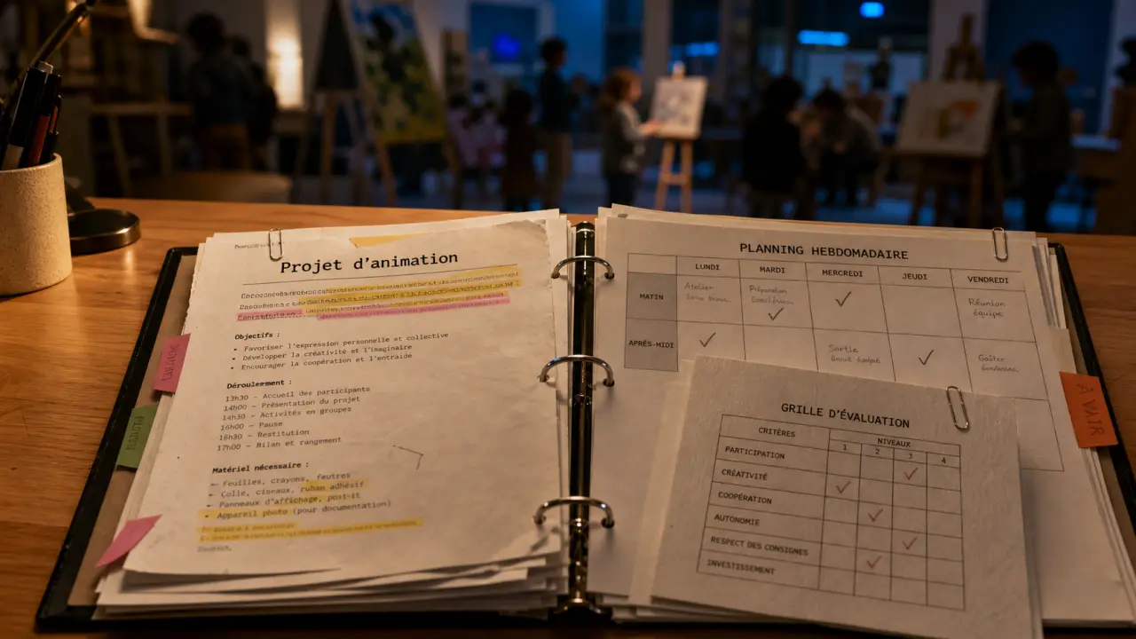 Projet d'animation : documents et planning au bureau, salle d’accueil en arrière-plan floue
