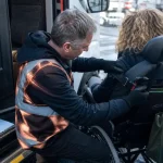Transport de personnes à mobilité réduite recrutement : chauffeur PMR aide une passagère à monter dans un véhicule adapté.