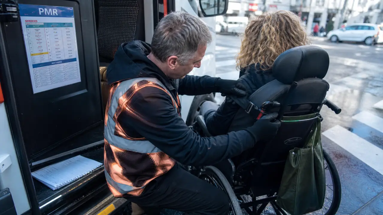 Transport de personnes à mobilité réduite recrutement : chauffeur PMR aide une passagère à monter dans un véhicule adapté.