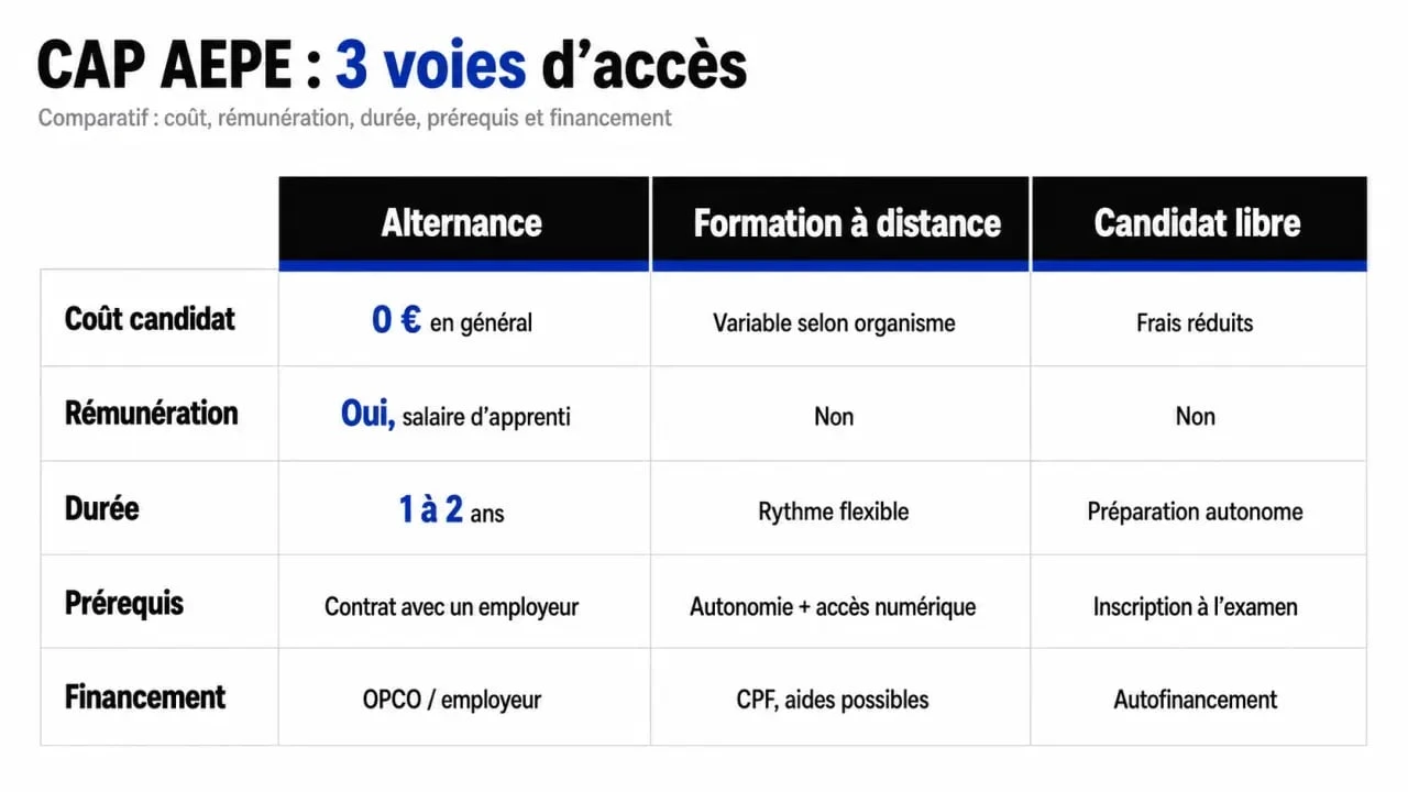 Formation cap petite enfance gratuite et rémunéré : comparaison visuelle des voies alternance, formation à distance et candidat libre