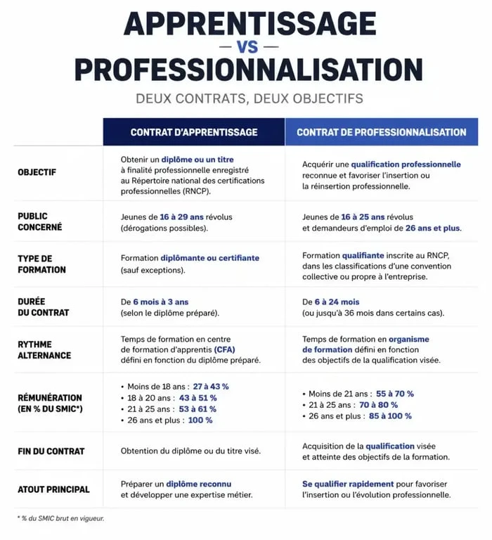 Comparatif contrat d'apprentissage et contrat de professionnalisation pour une lettre de motivation alternance