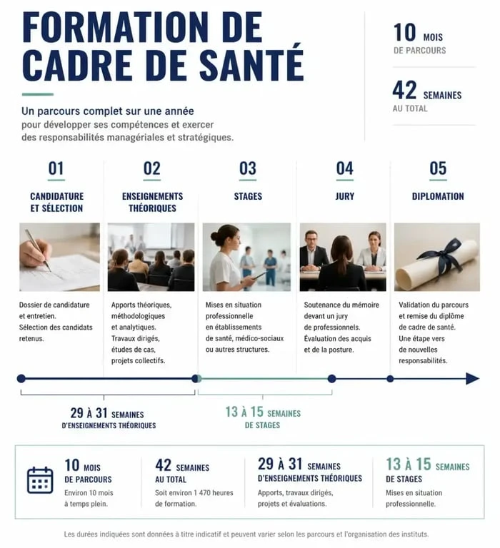 Infographie sur la formation de cadre de santé, sa durée, ses enseignements et ses stages