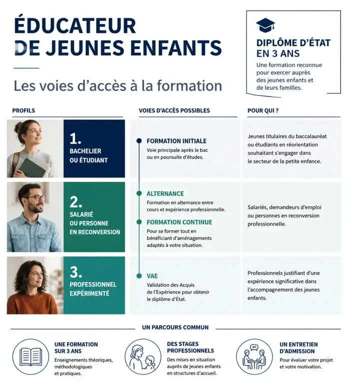 Formation éducateur de jeune enfance : infographie des voies d’accès, de l’alternance et de la VAE