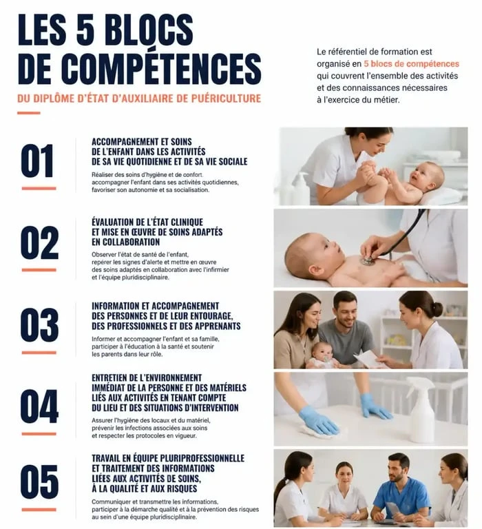 Infographie des 5 blocs de compétences pour devenir auxiliaire de puériculture en alternance