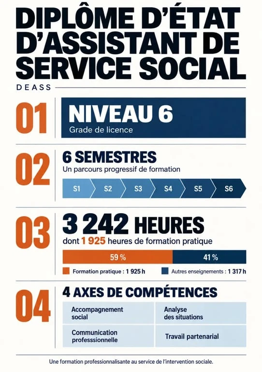 Infographie sur le diplôme assistant social DEASS, son niveau licence, ses stages et ses compétences