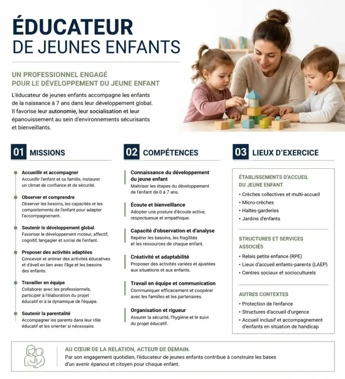 Infographie récapitulative des missions et compétences de l'éducateur de jeunes enfants