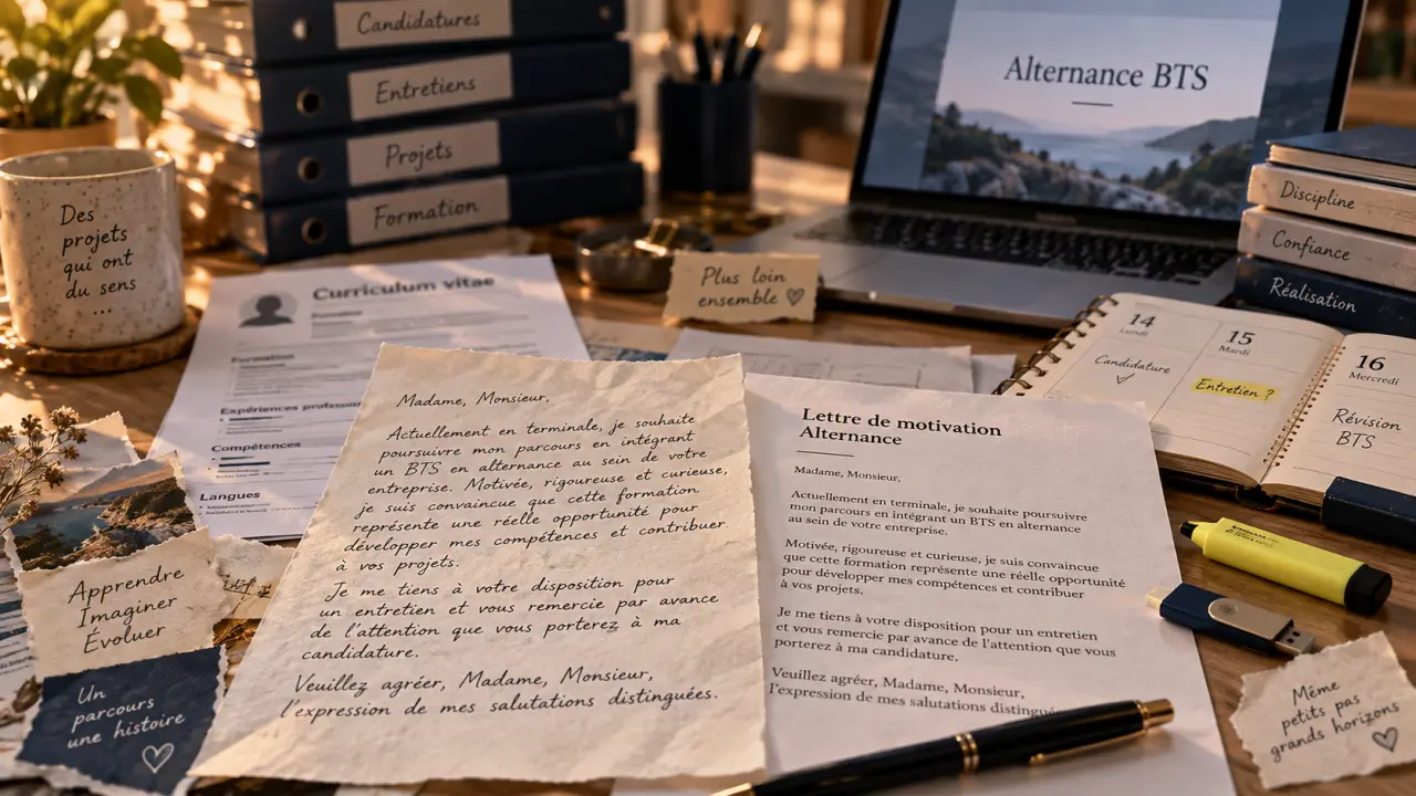 Lettre de motivation en alternance sur table avec CV et agenda