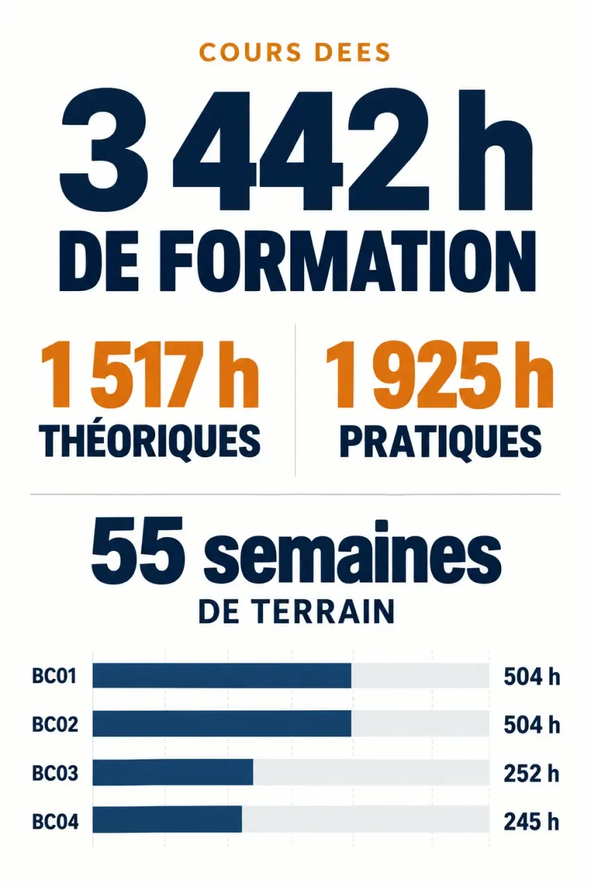 Cours DEES : infographie des heures de formation, des stages et des quatre blocs de compétences
