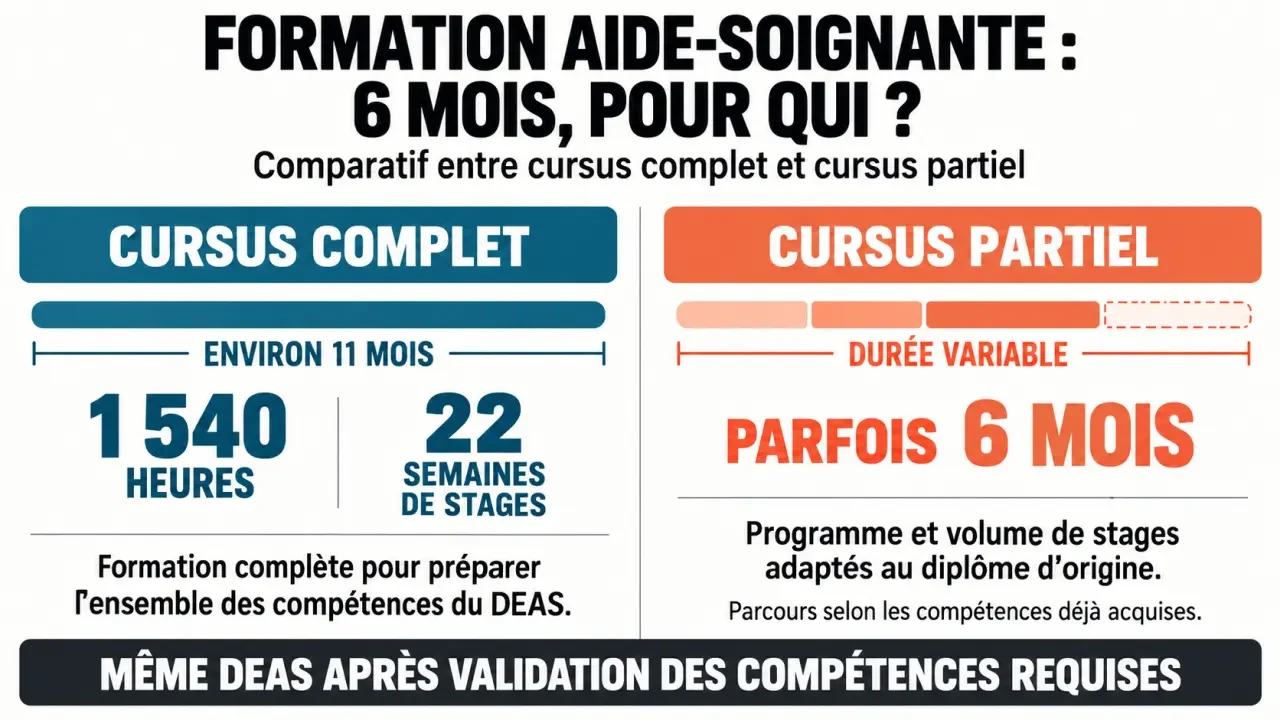 Infographie comparative sur la formation aide-soignante en 6 mois et le cursus complet