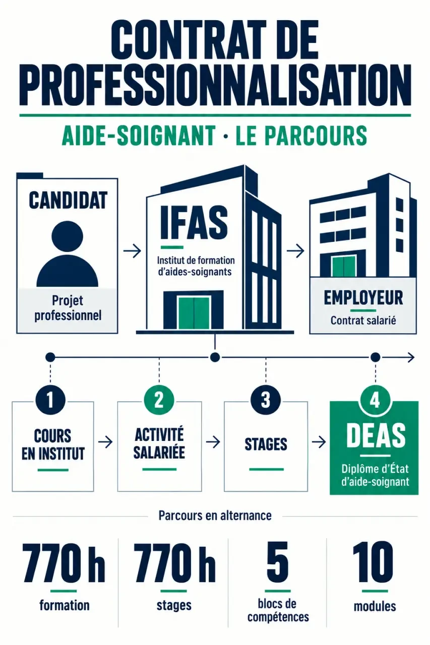 Parcours du contrat de professionnalisation aide-soignant entre IFAS, employeur, cours, stages et diplôme d’État