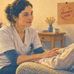 Gerontopraticienne en soins de confort par toucher sensoriel, mains apaisantes en chambre médicalisée
