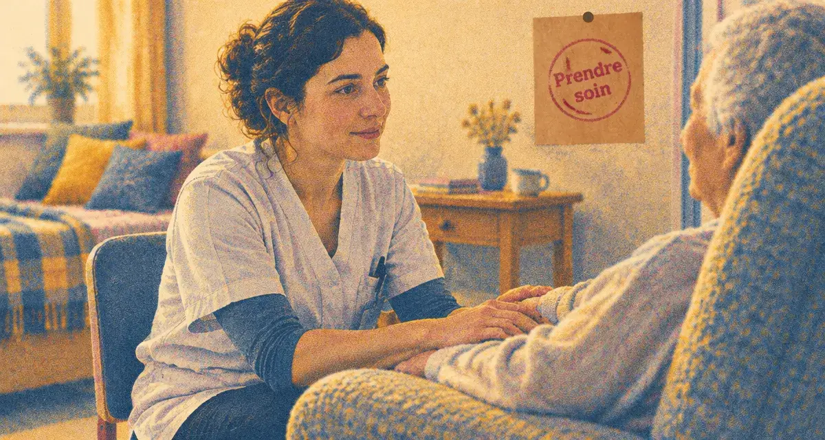 Gerontopraticienne en soins de confort par toucher sensoriel, mains apaisantes en chambre médicalisée