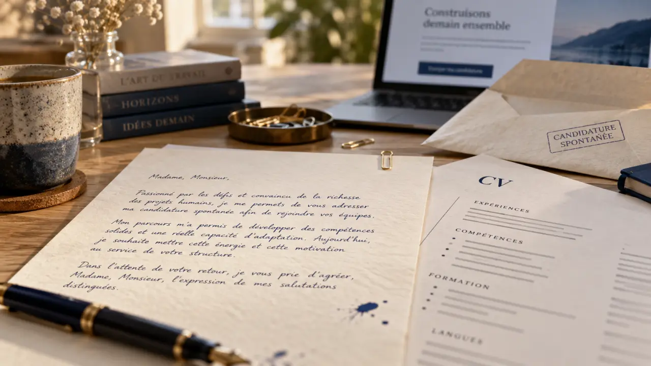 Lettre de motivation candidature spontanée avec CV et enveloppe ouverte